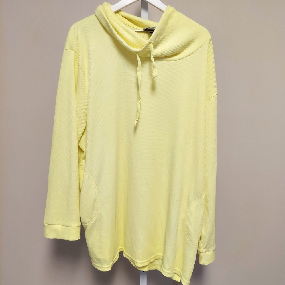 Oso Casuals Womens 3X Yellow Waffle Knit Cowl Neck Tunic Pullover Top Pockets